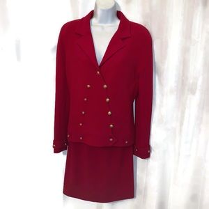vintage CHANEL size 36 red BOUCLÉ wool 2 piece SKIRT SUIT 21 gold CC buttons